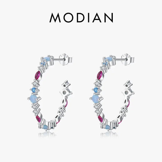 Modian Authentic 925 Sterling Silver Rainbow Color Zirconia Charm Stud Earrings For Women Ear Studs Wedding Gift Fine Jewelry by All Mart Bristol Ltd