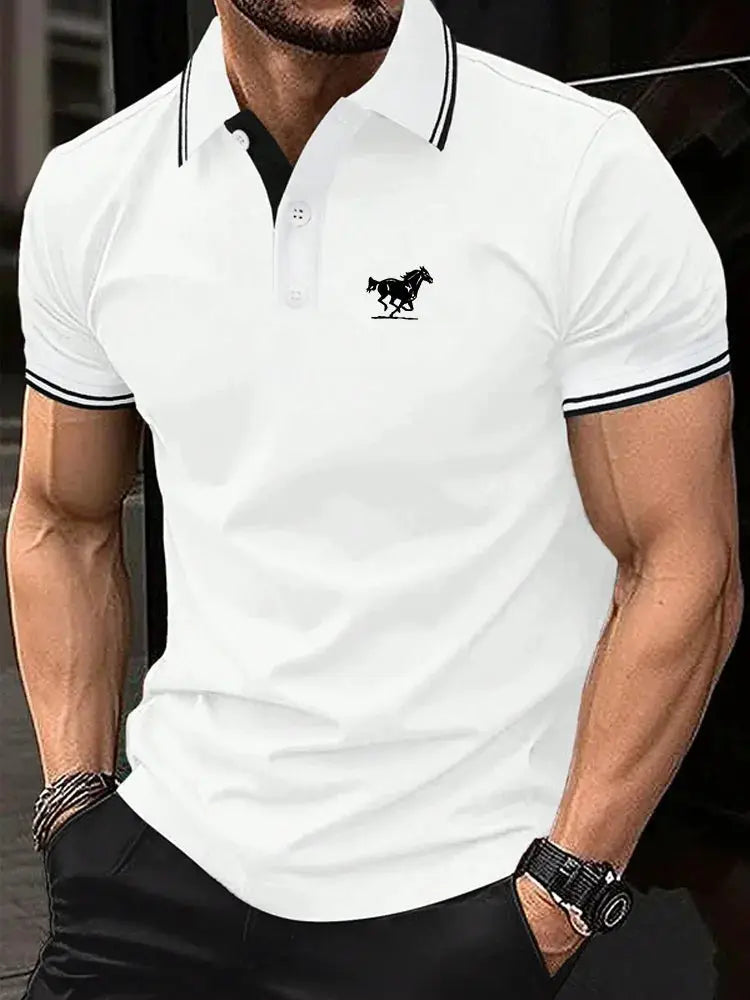 Men Horse Print Striped Trim Polo Shirt Short Sleeve Basic Modern Solid Color Golf Shirt Men's Clothing by All Mart Bristol Ltd