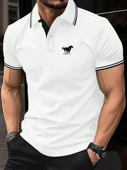 Men Horse Print Striped Trim Polo Shirt Short Sleeve Basic Modern Solid Color Golf Shirt Men's Clothing by All Mart Bristol Ltd