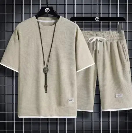 2026 new Summer Men's Waffle Sets Casual T-Shirt And Shorts Set Male Sports Suit Solid Color Tracksuit Loose Suits by All Mart Bristol Ltd