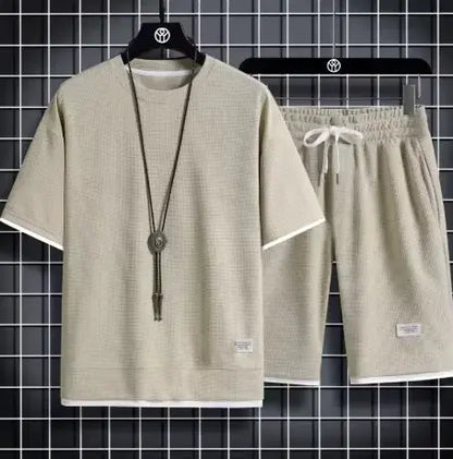 2026 new Summer Men's Waffle Sets Casual T-Shirt And Shorts Set Male Sports Suit Solid Color Tracksuit Loose Suits by All Mart Bristol Ltd