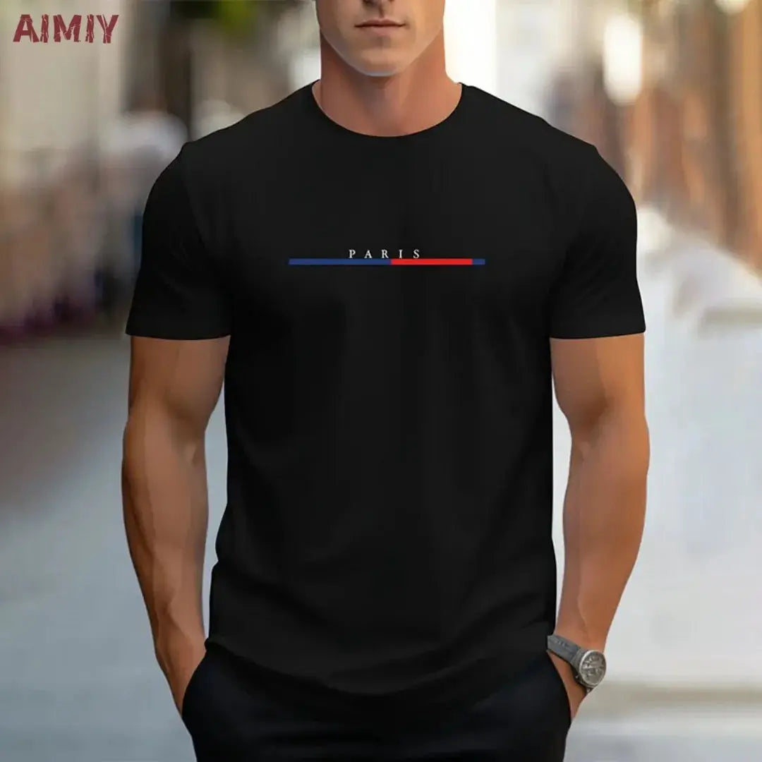 Summer Men's T-shirt Top Casual Loose Fit Oversized T-shirt PARI Letter Pattern Printed Round Neck Short Sleeved Homme Vêtement by All Mart Bristol Ltd
