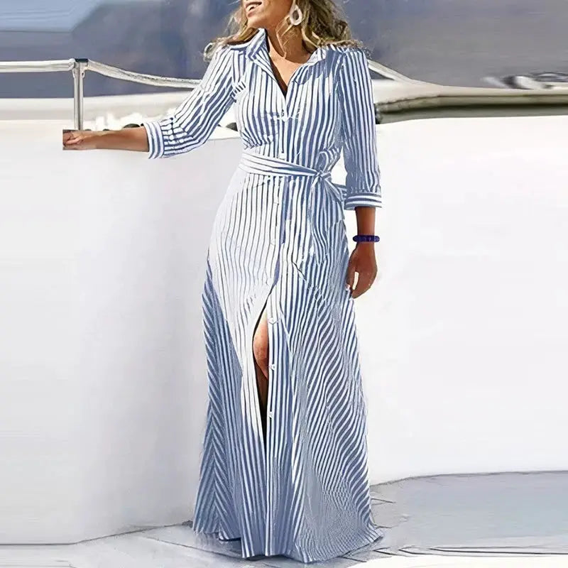 Autumn Shirt Dress Women Elegant Turn Down Collar Button Long Dress Women Fashion Striped Print Party Dress 2023 by All Mart Bristol Ltd