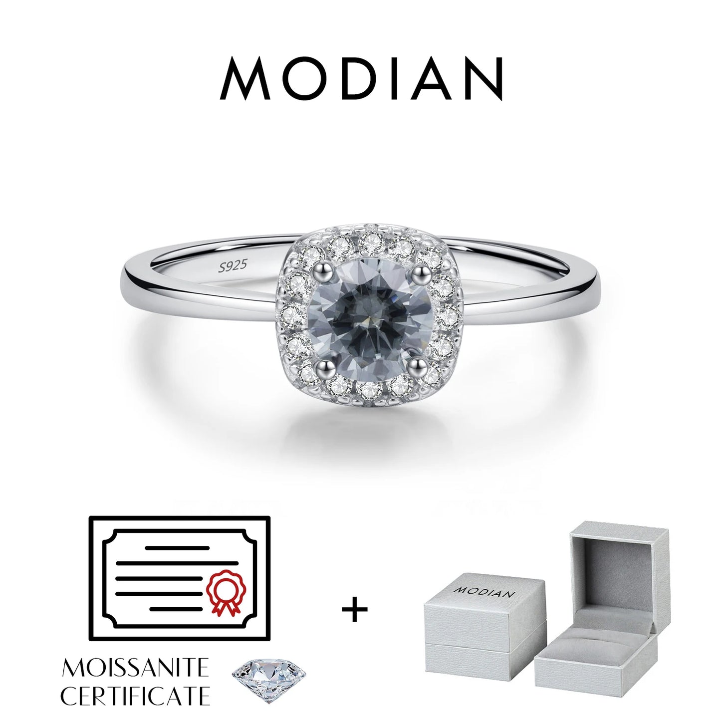MODIAN D Color Gray Moissanite Rings 925 Sterling Silver Fashion Sparkle Square Halo Ring For Women Wedding Fine Jewelry Gift by All Mart Bristol Ltd