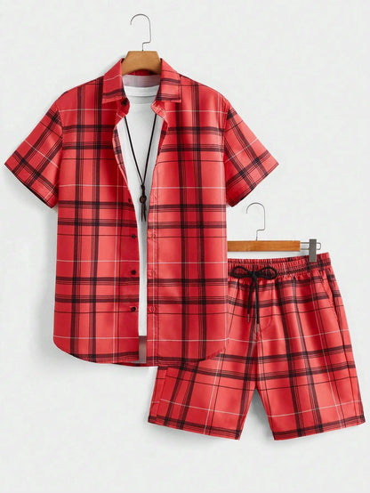 Street Casual Men's Suit Personalized Fashion Plaid Printed Pattern Short Sleeve Lapel Shirt and Shorts Men's Two Piece Set by All Mart Bristol Ltd