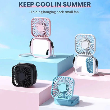 Outdoor Pocket Fan USB Rechargeable With Vanity Mirror Desktop Square Mute Neck Fan Hanging Folding Handheld Portable Mini Fan by All Mart Bristol Ltd