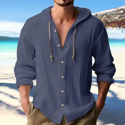 Men's Linen Shirt Solid Streetwear Long Sleeve Hoodie Cardigan Clothing For Men Button Tops Casual Loose Men Hooded Shirt by All Mart Bristol Ltd