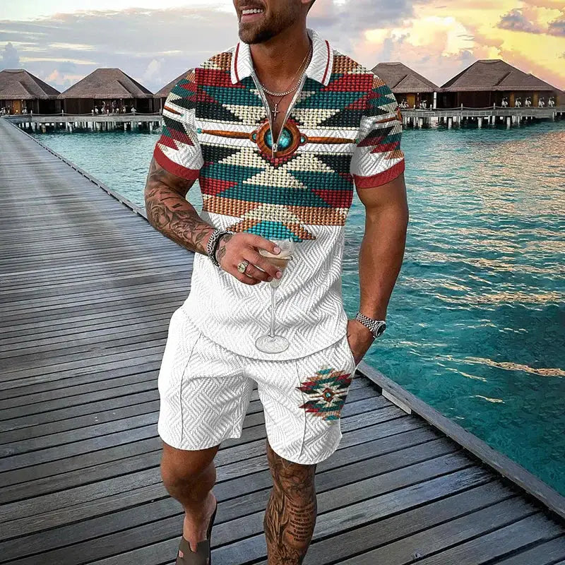 Vintage Men's Suit Zipper Polo Shirt Shorts Pants 2 Piece Set Coconut Tree Animal 3D Print Casual Men Tracksuit Ropa Barata by All Mart Bristol Ltd