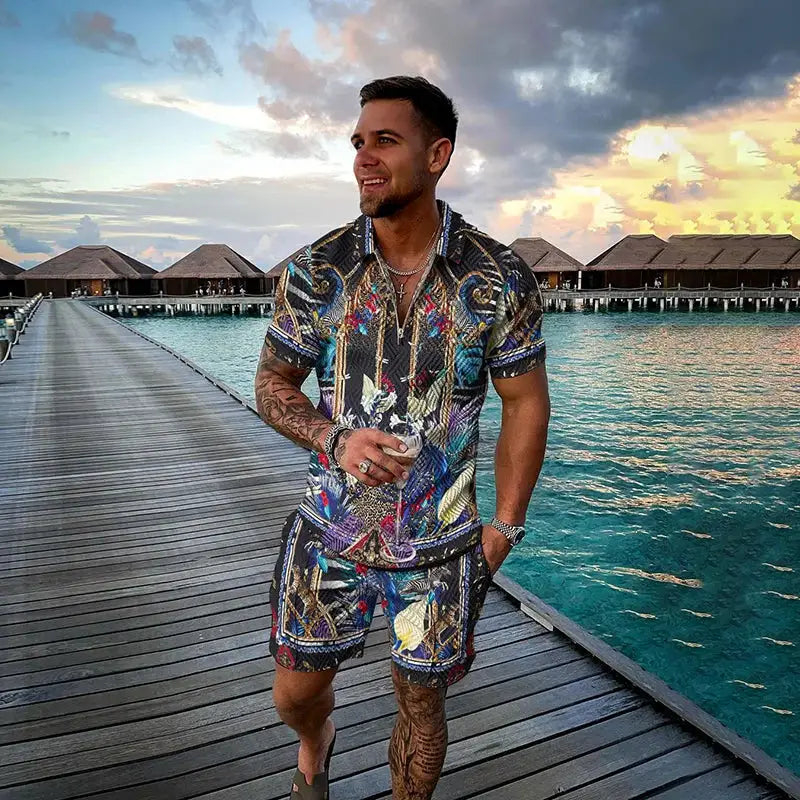 Vintage Men's Suit Zipper Polo Shirt Shorts Pants 2 Piece Set Coconut Tree Animal 3D Print Casual Men Tracksuit Ropa Barata by All Mart Bristol Ltd
