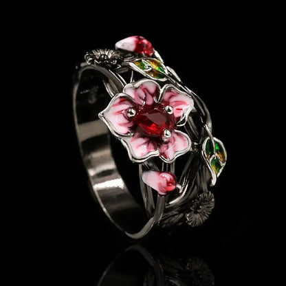 Exquisite Women's Jewelry Red Flower 925 Silver Ring Creative Elegant Women's Jewelry Attend Banquet Wedding Ring by All Mart Bristol Ltd