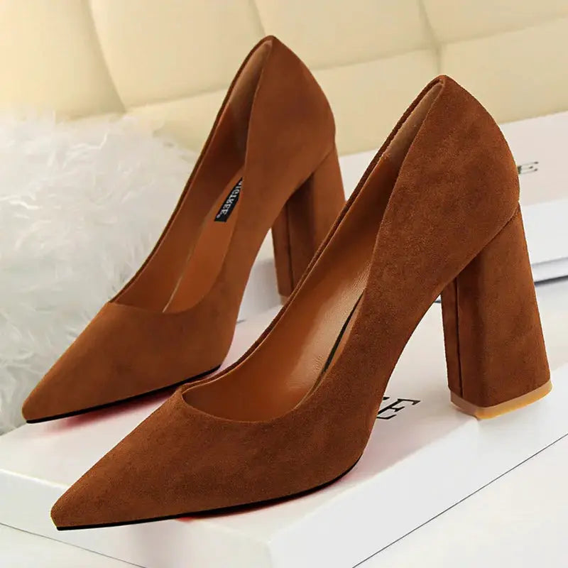 Summer Women 8.5cm High Heels Pumps Escarpins Elegant Sweet Lady Wedding Block Square Middle Heels Flock Suede Nightclub Shoes by All Mart Bristol Ltd
