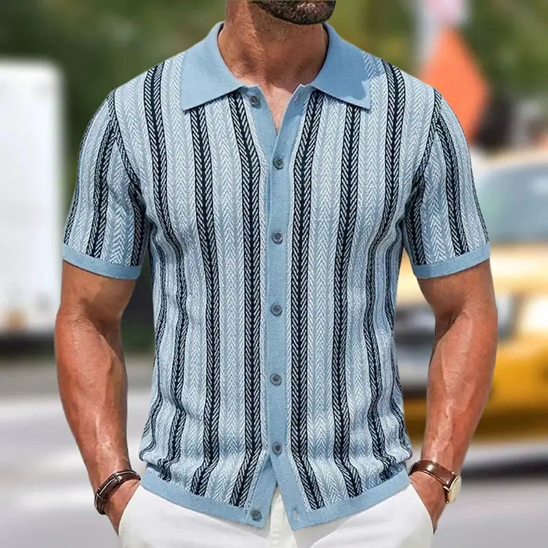 Summer Men Knitted Cardigan Short Sleeve Striped Shirts Fashion Jacquarded Blouse American Retro Premium Quality Knitwear M-3XL by All Mart Bristol Ltd