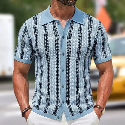 Summer Men Knitted Cardigan Short Sleeve Striped Shirts Fashion Jacquarded Blouse American Retro Premium Quality Knitwear M-3XL by All Mart Bristol Ltd