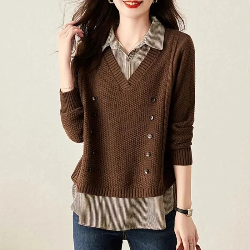 2026 New Autumn Women Sweater Pullover Splice Shirt Collar Long Sleeve Fake Two Pieces Knit Sweater Female Tops Bottoming Shirt by All Mart Bristol Ltd