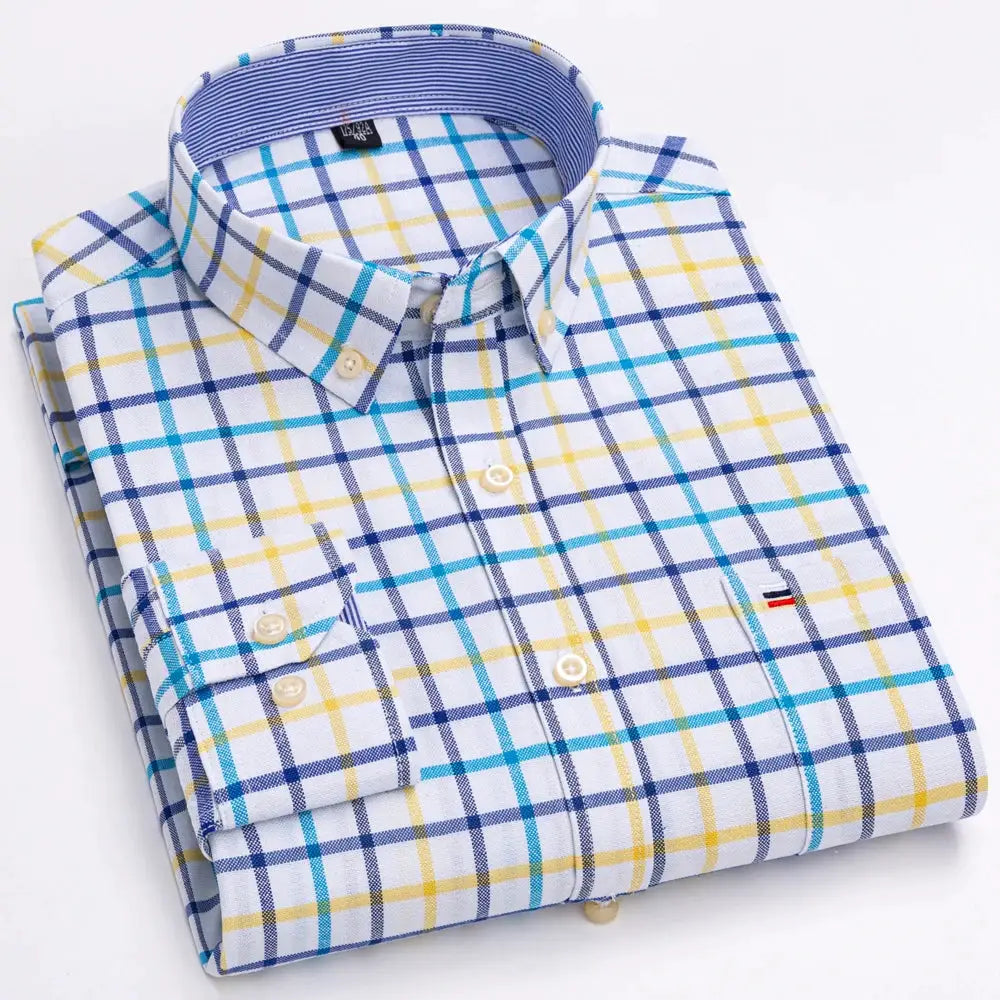Men's Trendy Plaid Striped Lapel Collar Design Cotton Dress Shirts, Long Sleeve Casual Button Up Commuter Shirt For Spring/Fall by All Mart Bristol Ltd