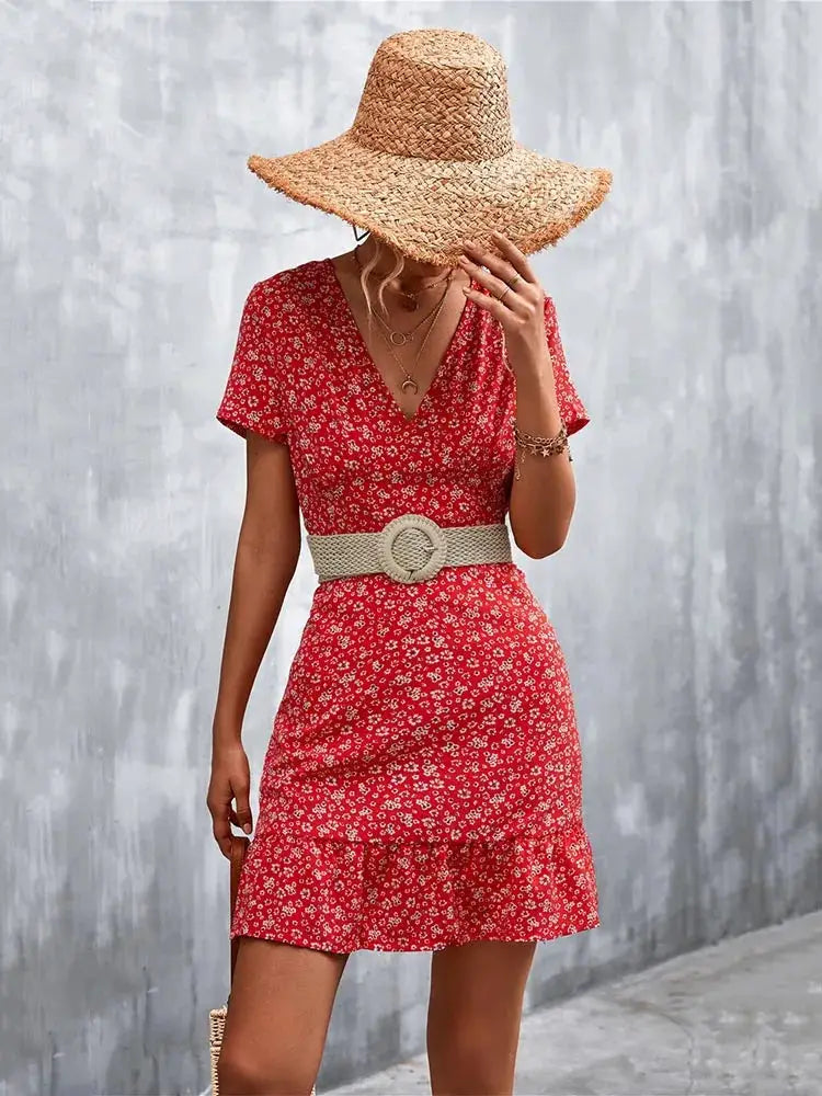 Summer Short Boho Dress Women V Neck Print Floral Party Dress Ladies Bohemian Flower Mini Dress For Women by All Mart Bristol Ltd
