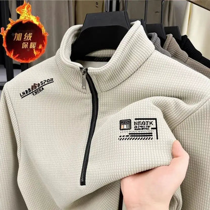 Men's Fleece Liner Sweatshirts Vintage Half Zipper Print Plaid Texture Thick Wool Warm Pullover Luxury Turtleneck Sweatshirts by All Mart Bristol Ltd