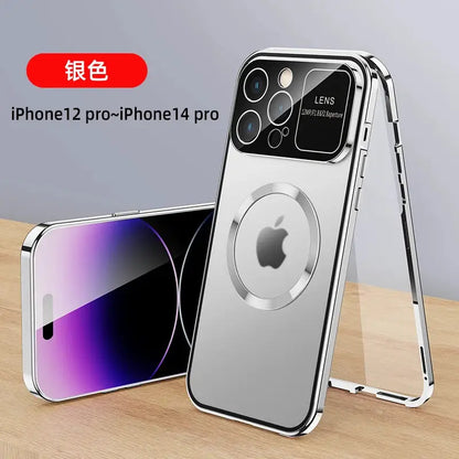 For iPhone 16 15 14 13 12 Pro Max Large Window Lens Protection Aluminum Metal Magnetic Case Shockproof Cover Screen Protector by All Mart Bristol Ltd