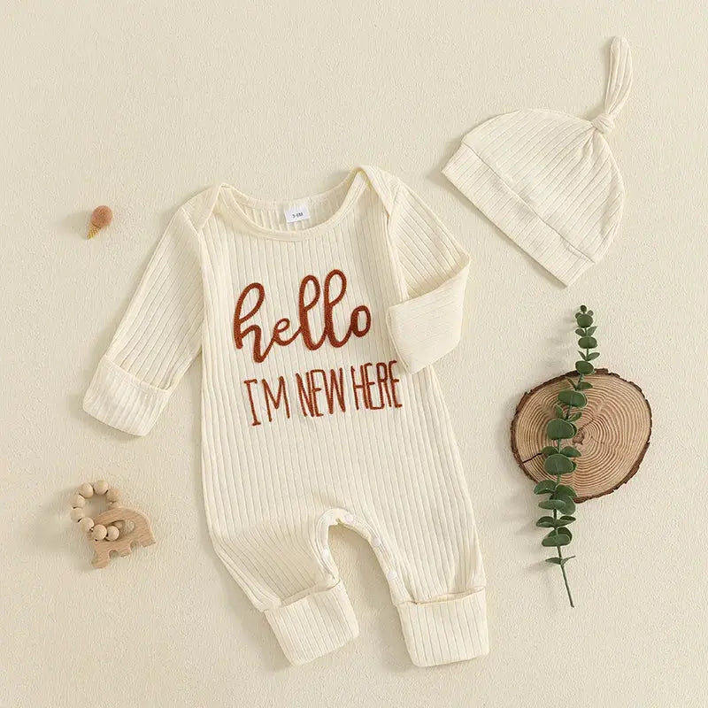 Newborn Baby Boy Fall Clothes Set Casual Letter Embroidery Long Sleeve Ribbed Romper Jumpsuit and Hat 2Pieces Set for Infants by All Mart Bristol Ltd