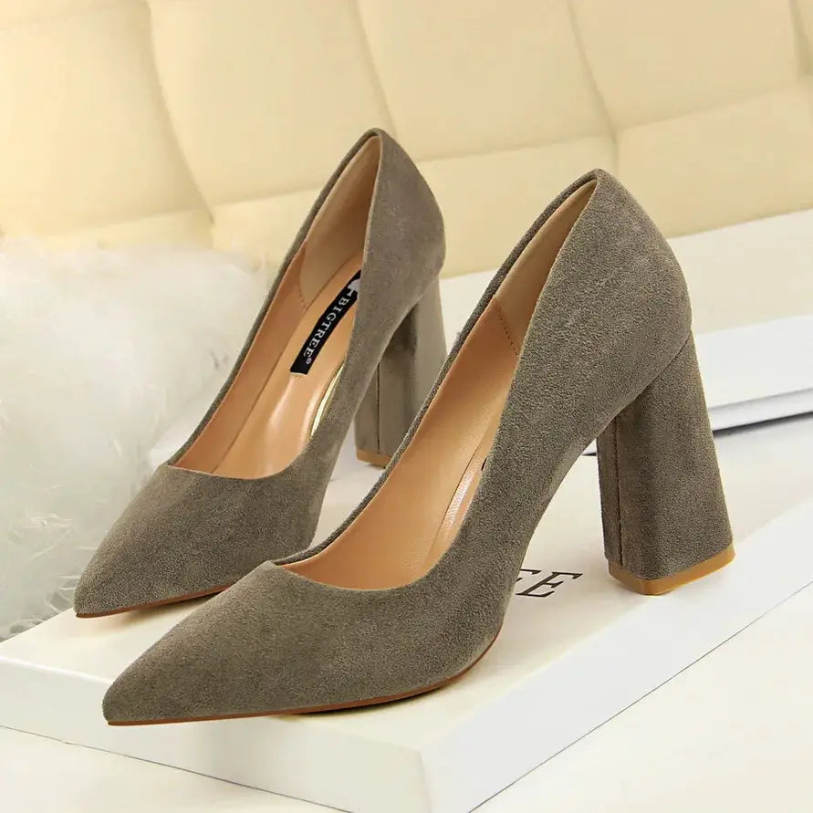 Summer Women 8.5cm High Heels Pumps Escarpins Elegant Sweet Lady Wedding Block Square Middle Heels Flock Suede Nightclub Shoes by All Mart Bristol Ltd