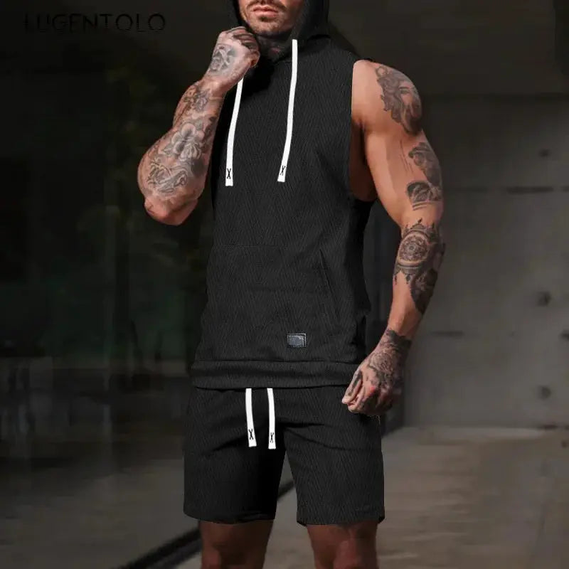 Men Casual 2 Piece Set Fashion Jacquard Knitted T-shirt Hooded Sleeveless Vest Elastic Waist Shorts Jogging Fitness Apparel by All Mart Bristol Ltd