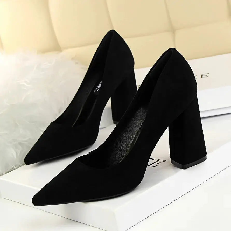 Summer Women 8.5cm High Heels Pumps Escarpins Elegant Sweet Lady Wedding Block Square Middle Heels Flock Suede Nightclub Shoes by All Mart Bristol Ltd