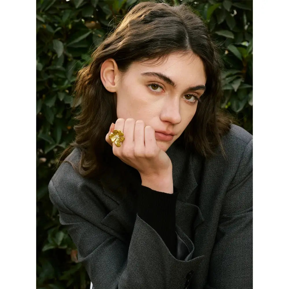 Yhpup Women's Adjustable Golden Flower Ring Rhinestone Stainless Steel Big Trending Finger Jewelry Accessories Gift by All Mart Bristol Ltd