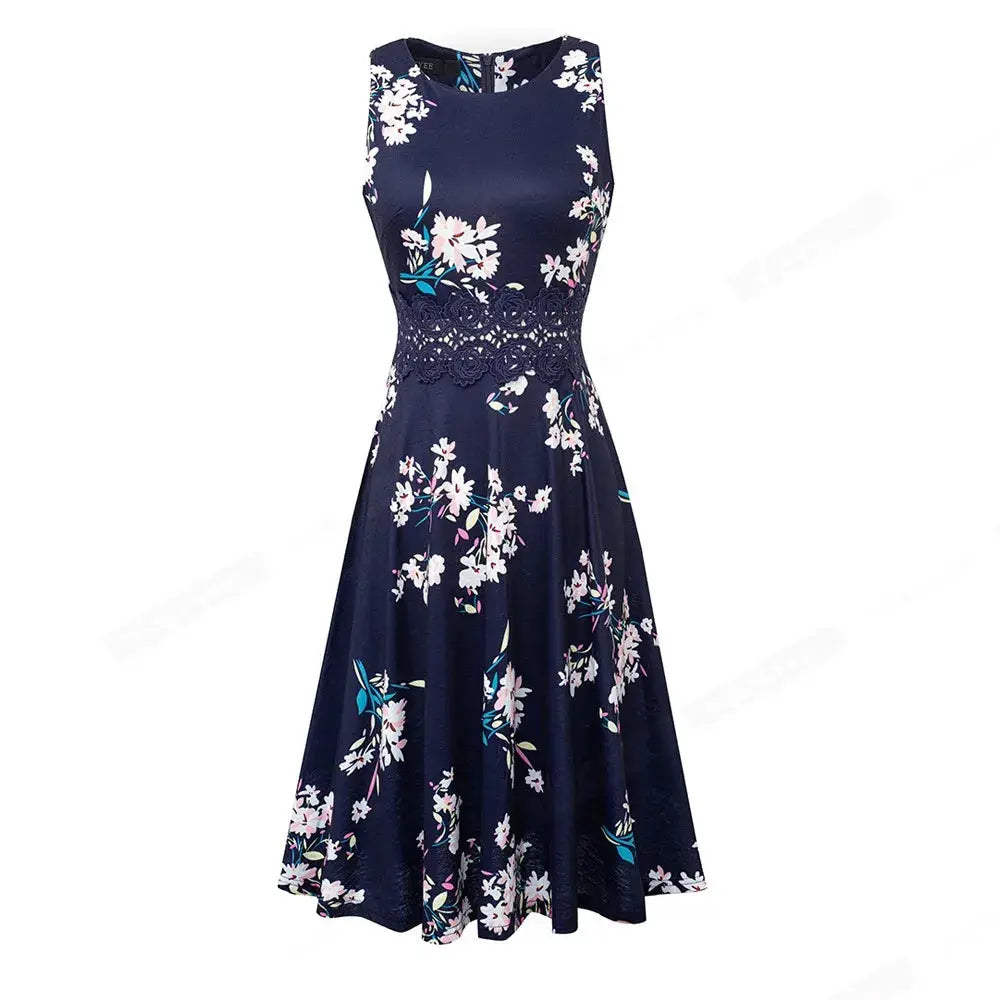 Women Vintage Casual Round Neck A line Summer Elegant Floral Lace Patchwork Sleeveless Tunic Party Swing Dress HA079 by All Mart Bristol Ltd
