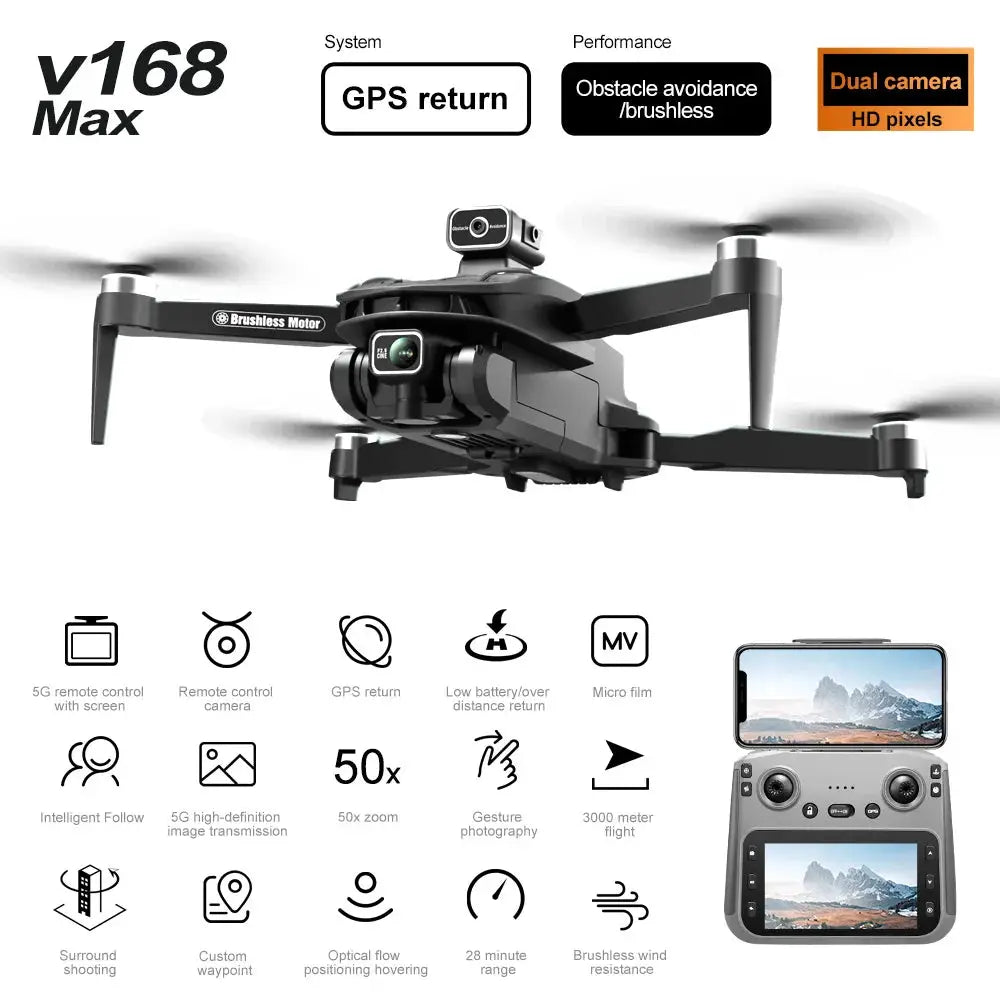 V168 Pro Max Drone GPS Profesional with 8K HD Camera FPV 5G Wifi Brushless Motor Foldable RC Quadcopter Obstacle Avoidance Dron by All Mart Bristol Ltd