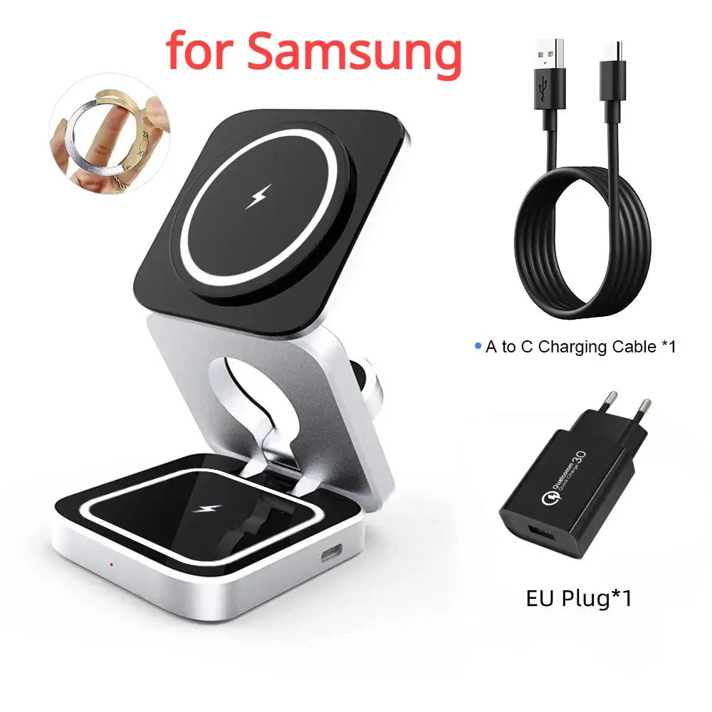 Travel 3 in 1 Magnetic Wireless Charger Foldable Stand Dock for IPhone 15, 14, AirPods,iwatch for Apple / for Samsung Galaxy S23 by All Mart Bristol Ltd