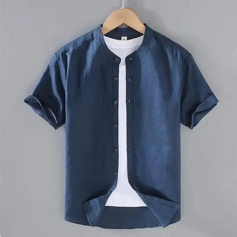 Men's Cotton Linen Short-Sleeved Shirt Summer Streetwear Plain Color Stand Collar Casual Beach Style plus Size M-3XL by All Mart Bristol Ltd