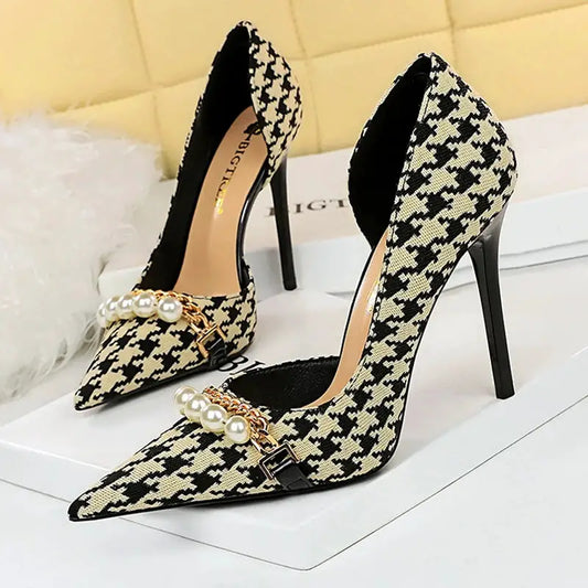 BIGTREE Shoes 2026 Spring Women Pumps Pearl Metal Chain High-heels Checked Grain Stilettos Women Heels Luxury Banquet Shoes 43 by All Mart Bristol Ltd