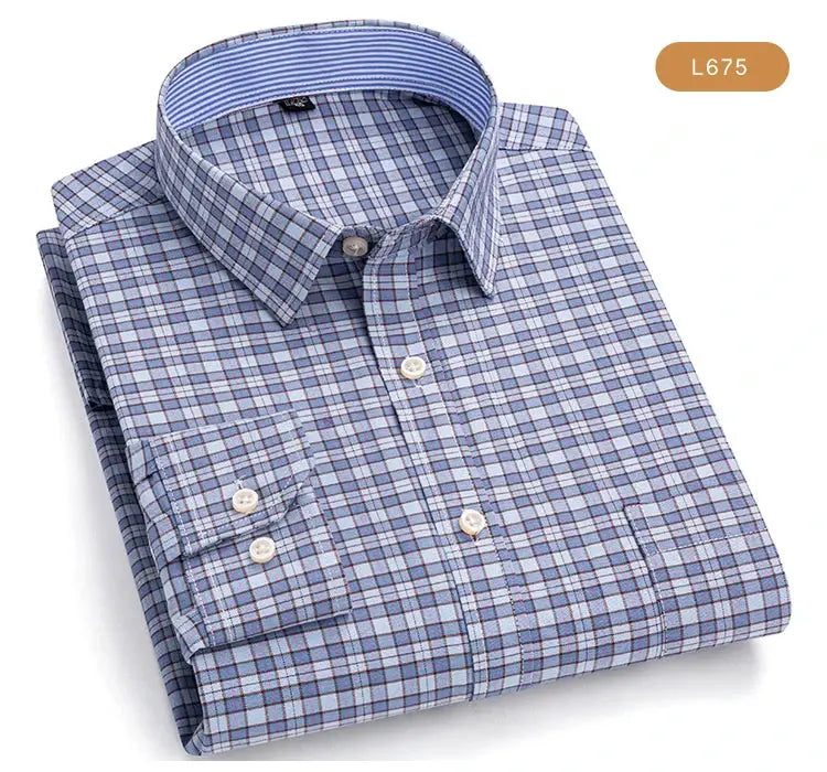 Men's Trendy Plaid Striped Lapel Collar Design Cotton Dress Shirts, Long Sleeve Casual Button Up Commuter Shirt For Spring/Fall by All Mart Bristol Ltd