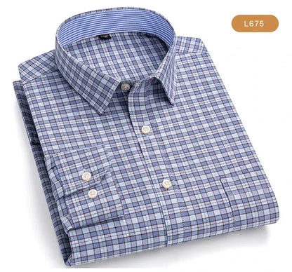 Men's Trendy Plaid Striped Lapel Collar Design Cotton Dress Shirts, Long Sleeve Casual Button Up Commuter Shirt For Spring/Fall by All Mart Bristol Ltd