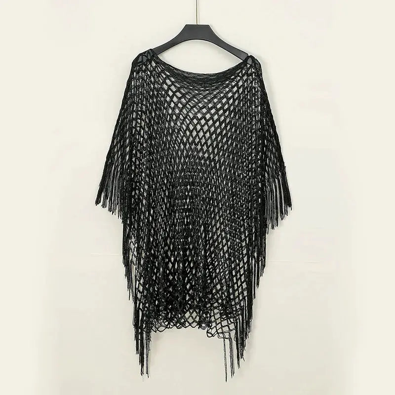 Sexy Lace Shawls for Women Solid Color Gold and Silver Wire Hollow Out Long Pareos with Tessles Muslim Female's Stole by All Mart Bristol Ltd