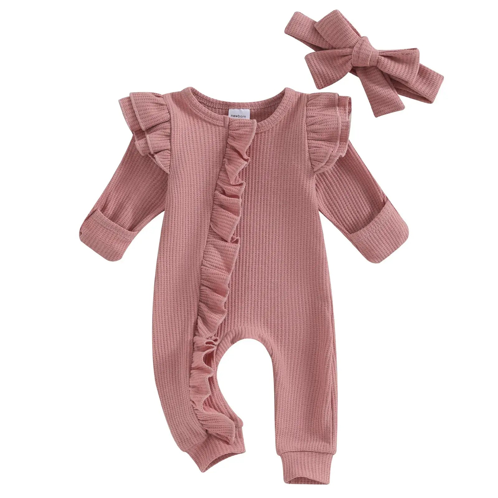Pudcoco Infant Baby Girl Autumn Jumpsuit Solid Color Round Neck Flying Sleeve Ruffled Zipper Romper with Bow Headband 0-12M by All Mart Bristol Ltd