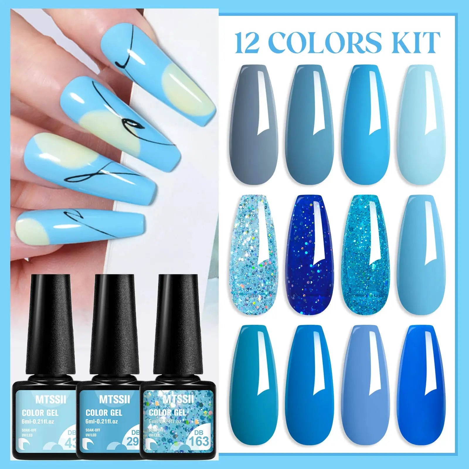 12PCS Nail Polish Gel Set Blue Glitter Color UV Gel Nail Art Manicure Gel Kit Paint For DIY Professionals Varnsh Kit Supplies by All Mart Bristol Ltd