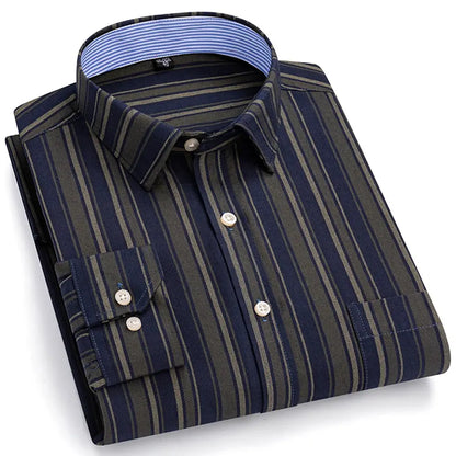 Men's Trendy Plaid Striped Lapel Collar Design Cotton Dress Shirts, Long Sleeve Casual Button Up Commuter Shirt For Spring/Fall by All Mart Bristol Ltd