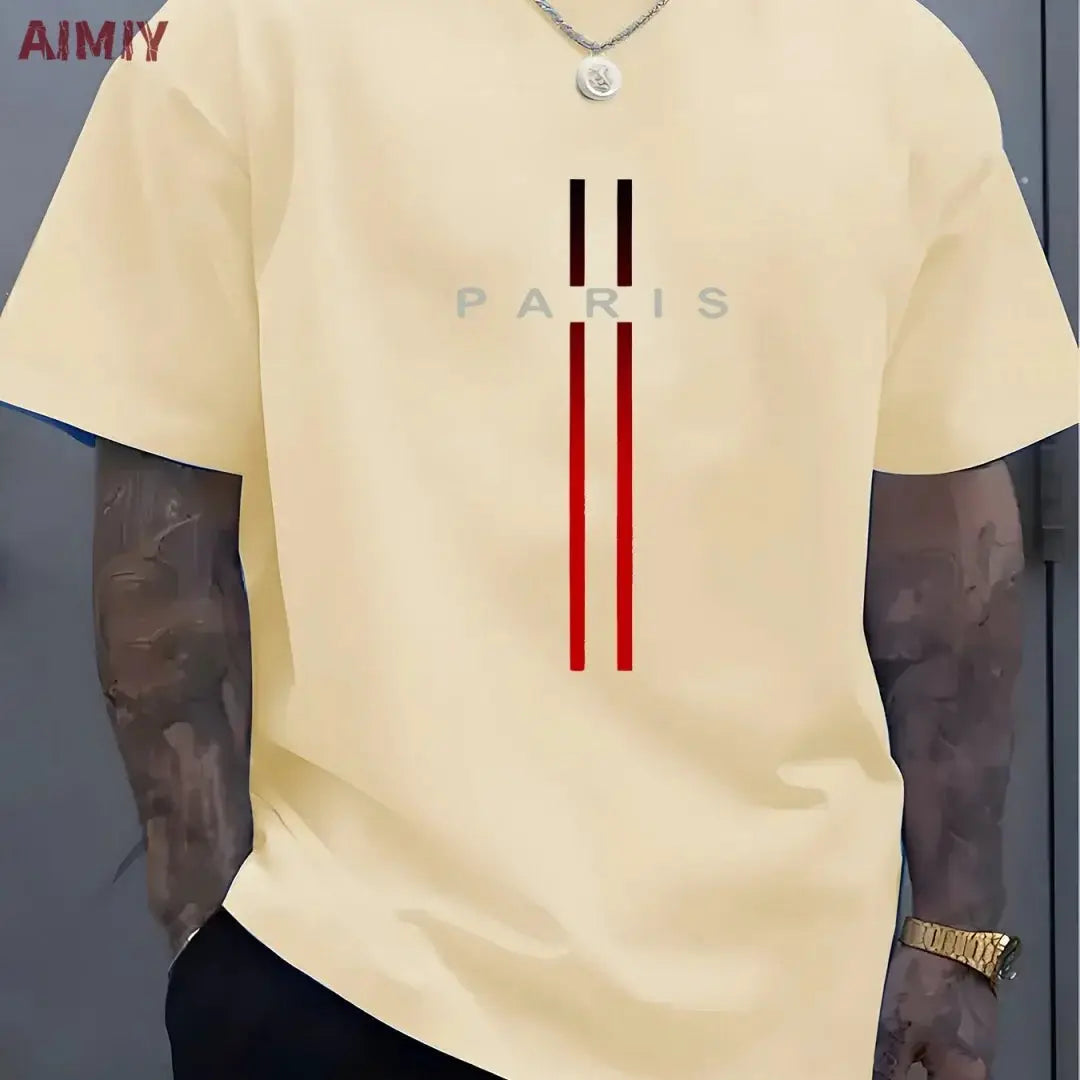 Summer Men's T-shirt Top Casual Loose Fit Oversized T-shirt PARI Letter Pattern Printed Round Neck Short Sleeved Homme Vêtement by All Mart Bristol Ltd