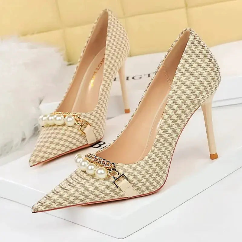 BIGTREE Shoes 2026 Spring Women Pumps Pearl Metal Chain High-heels Checked Grain Stilettos Women Heels Luxury Banquet Shoes 43 by All Mart Bristol Ltd