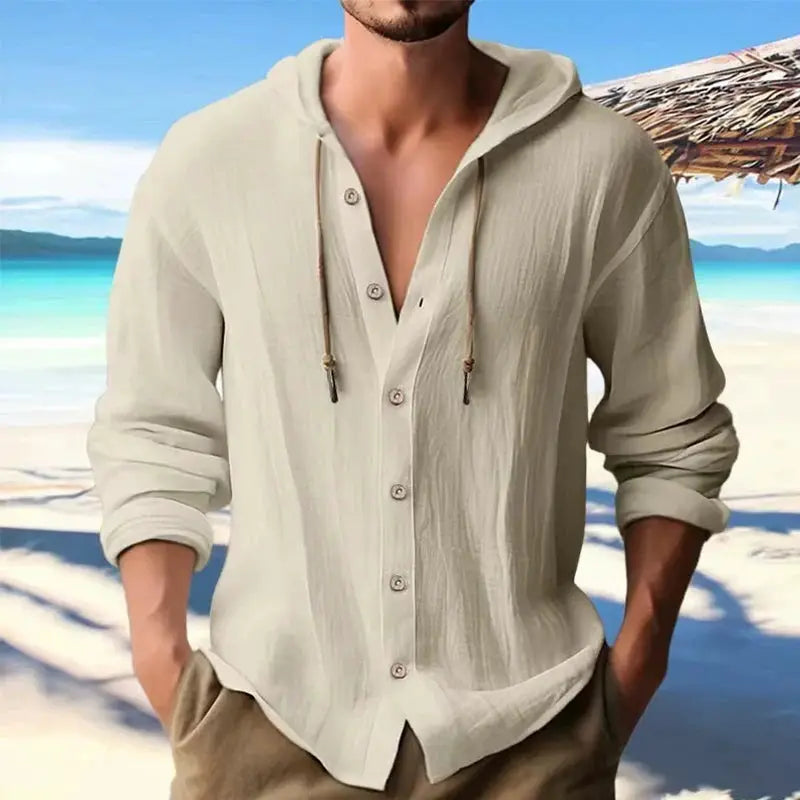 Men's Linen Shirt Solid Streetwear Long Sleeve Hoodie Cardigan Clothing For Men Button Tops Casual Loose Men Hooded Shirt by All Mart Bristol Ltd