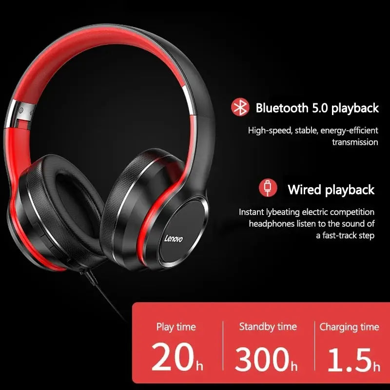 Lenovo HD200 Bluetooth Earphones Over-ear Foldable Computer Wireless Headphones Noise Cancellation HIFI Stereo Gaming Headset by All Mart Bristol Ltd