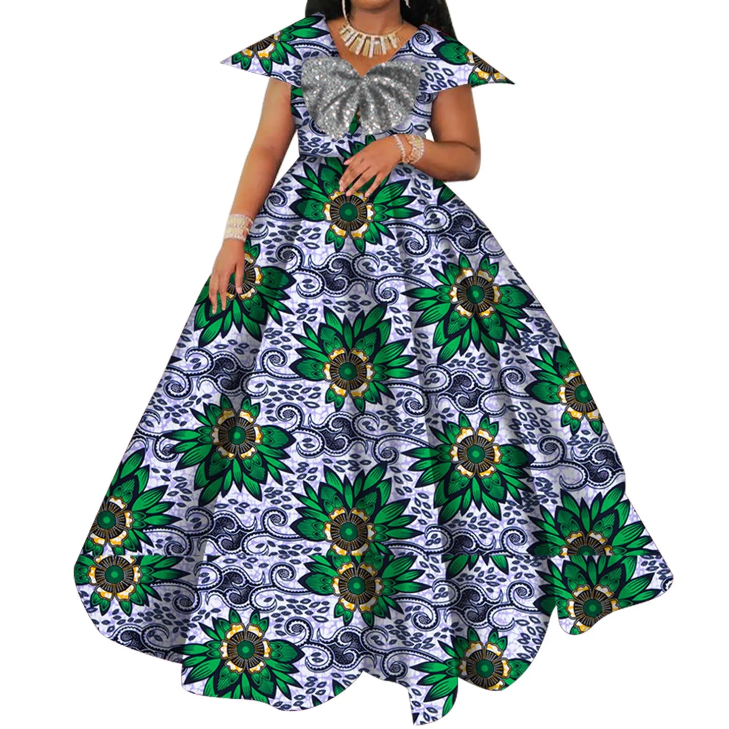 Bazin Riche African Print Dresses for Women Short Sleeve Long Wedding Dress Party Vestido Cotton Women African Clothing WY6098 by All Mart Bristol Ltd