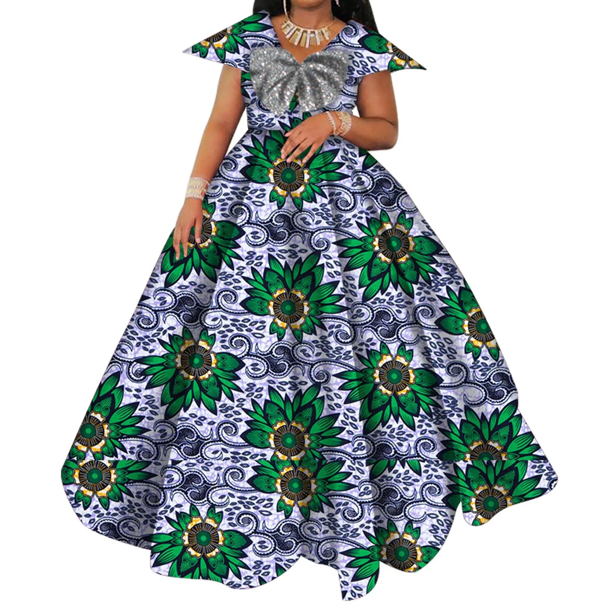 Bazin Riche African Print Dresses for Women Short Sleeve Long Wedding Dress Party Vestido Cotton Women African Clothing WY6098 by All Mart Bristol Ltd