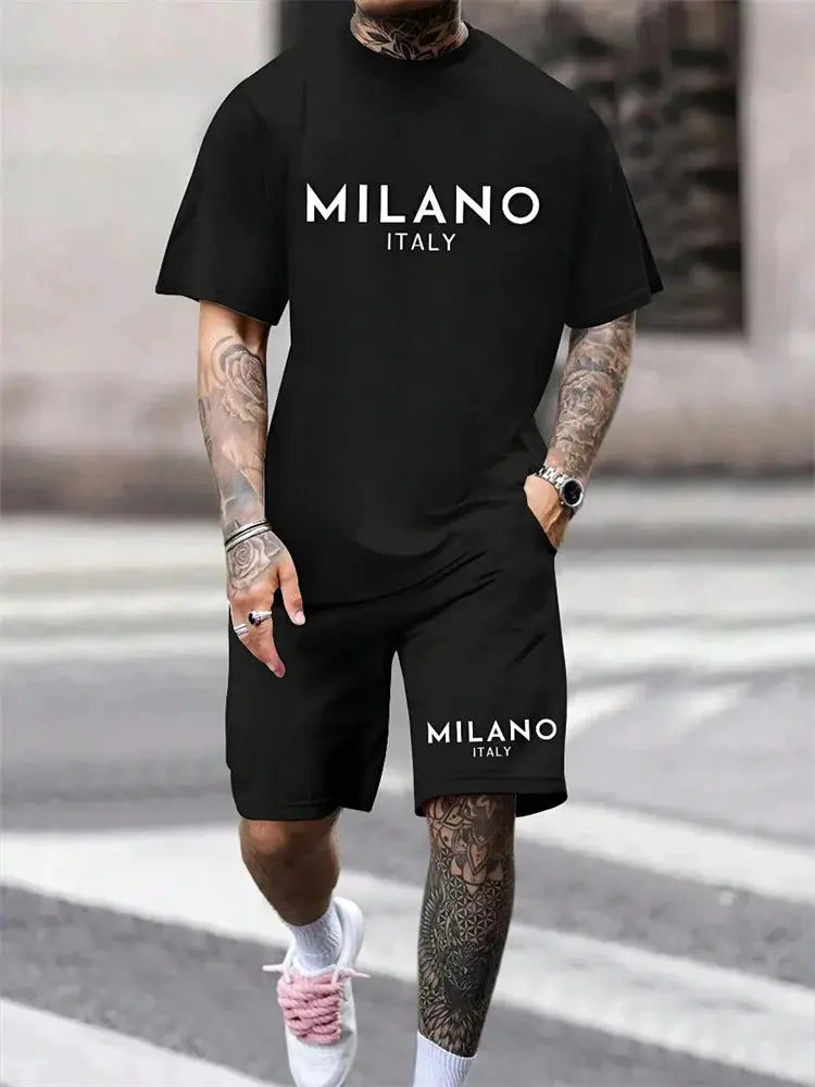 Two-piece Milano Print Men's Set Summer Casual Everyday Men's Short-sleeved T-shirt Outdoor Street Men Fashion Sports Shorts by All Mart Bristol Ltd