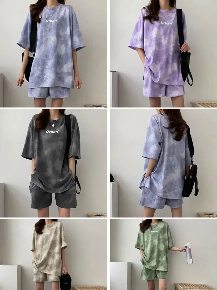 Women T-Shirt Shorts Suit Set Casual Tie Dye Loose tshirt and wide leg middle shorts with pockets female Soft Summer Shorts Sets by All Mart Bristol Ltd