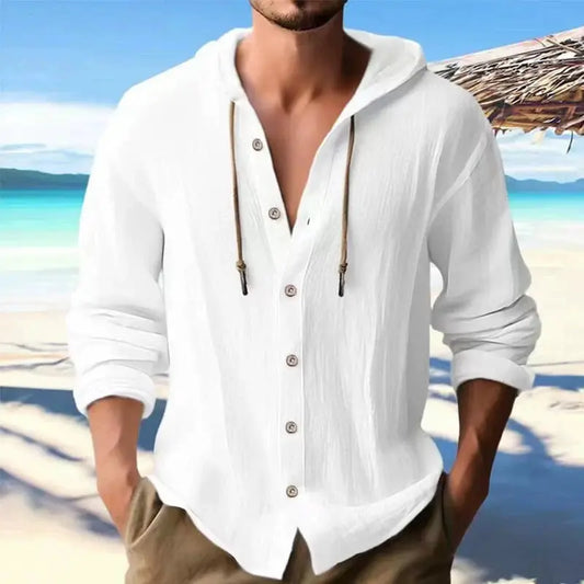 Men's Linen Shirt Solid Streetwear Long Sleeve Hoodie Cardigan Clothing For Men Button Tops Casual Loose Men Hooded Shirt by All Mart Bristol Ltd