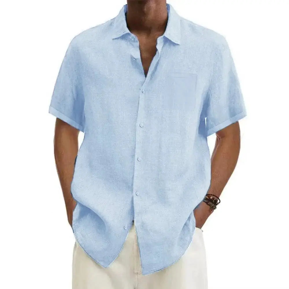Summer Hot Sale Men's Cotton Linen Short-Sleeved Shirts Men Solid Color Turn-down Collar Casual Beach Style Plus Size Tops by All Mart Bristol Ltd