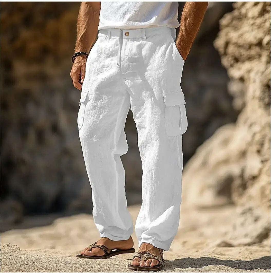 2026 Spring Summer Men Cotton Linen Pants Solid Loose Oversized Vintage Trousers Multi Pocket Straight Leg Casual Jogging Pants by All Mart Bristol Ltd