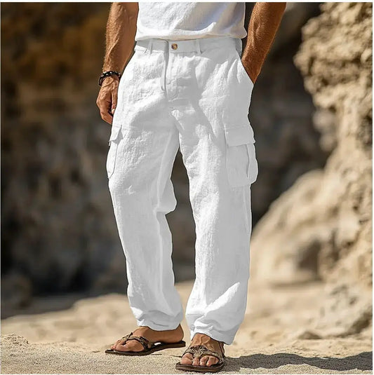 2026 Spring Summer Men Cotton Linen Pants Solid Loose Oversized Vintage Trousers Multi Pocket Straight Leg Casual Jogging Pants by All Mart Bristol Ltd